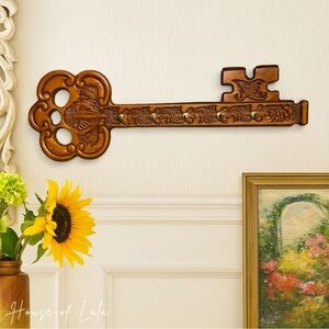 Vintage Wooden Key Holder Wall Hook. Brown Boho Key Wall Decor